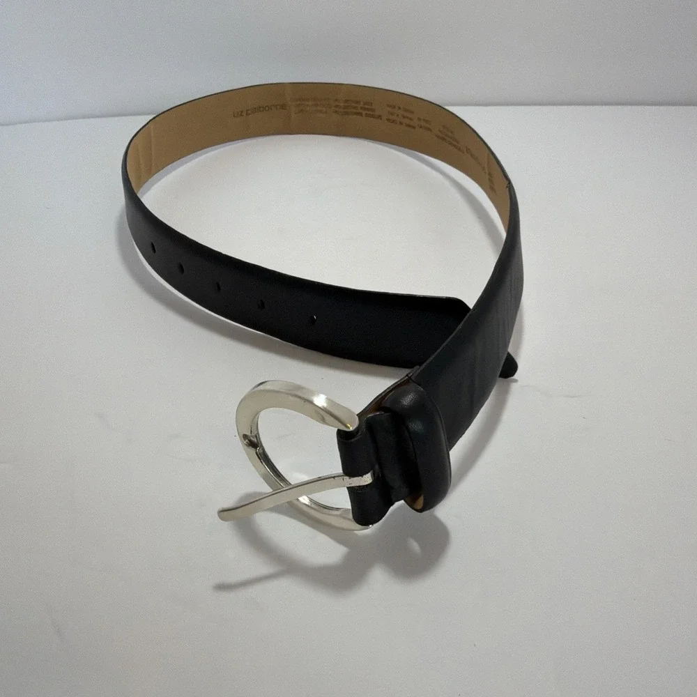 Vtg Liz Claiborne Black Leather Belt Womens S P Silver Buckle Classic Minimalist